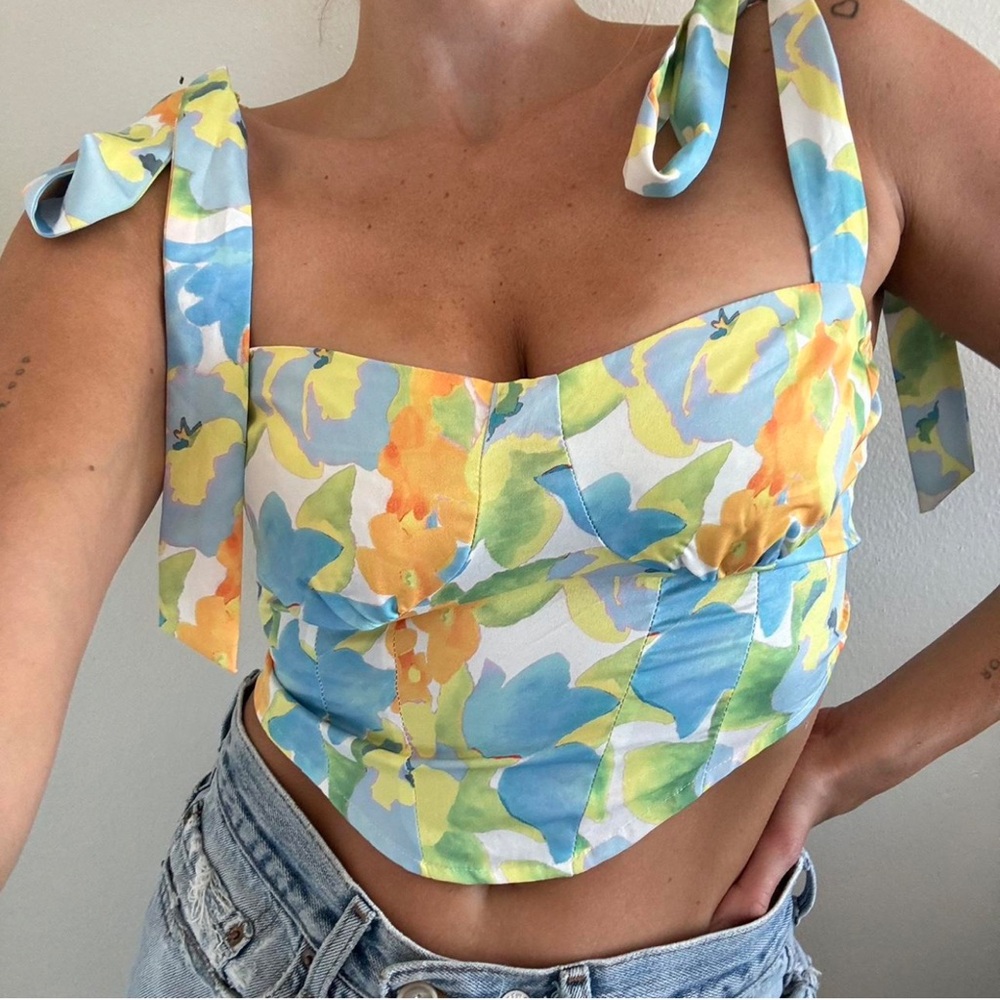 Shein size S blue orange & green Floral ruched bust ruffle Tie-Shoulder Crop Top